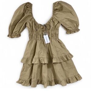 NWT WeWoreWhat Brown Ruffle Mini Puff Sleeve Cotton Poplin Dress